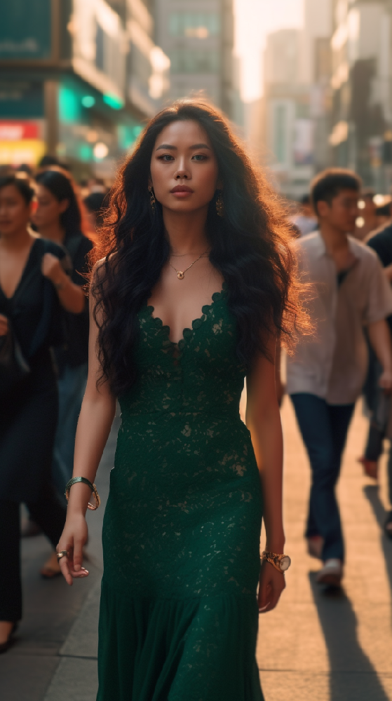 街头时尚照片，一位年轻的中国女子全身照，长卷发黑发，自信地与人群一起走在香港的人行道上，穿着翠绿色的古驰长裙和金饰品，日落的光线下。