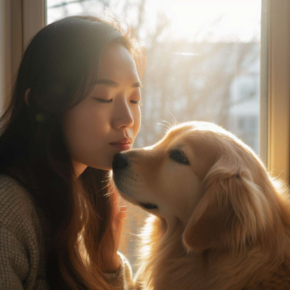 一张中国女子亲吻她的金毛猎犬的近距离照片，拍摄于大玻璃窗前，自然的晨光透过窗户照在她身上。