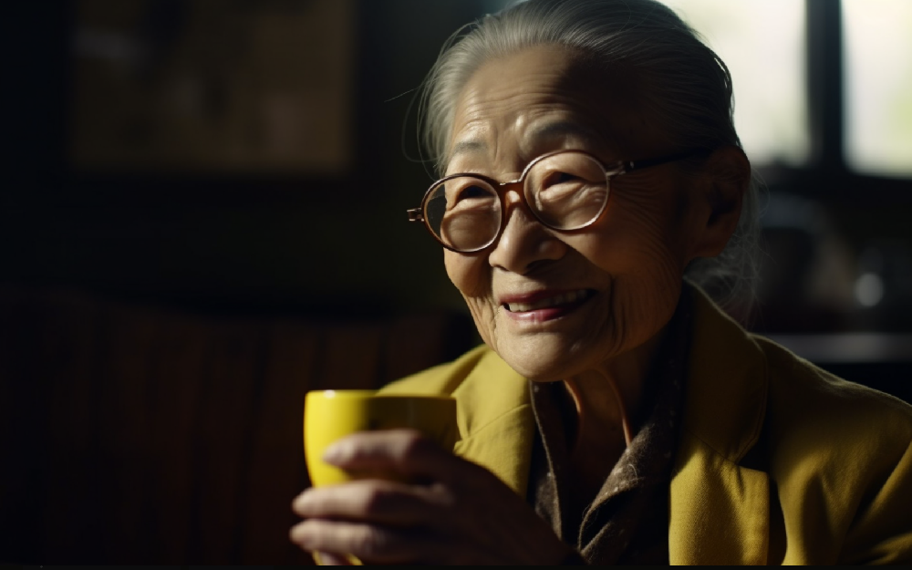 一位年迈的中国女士，皱纹深深，面带温暖的微笑，手持一杯热巧克力，身穿黄色亚麻布外套，自然的晨光反射在她的眼镜上，中等特写，使用Agfa Vista 200胶片