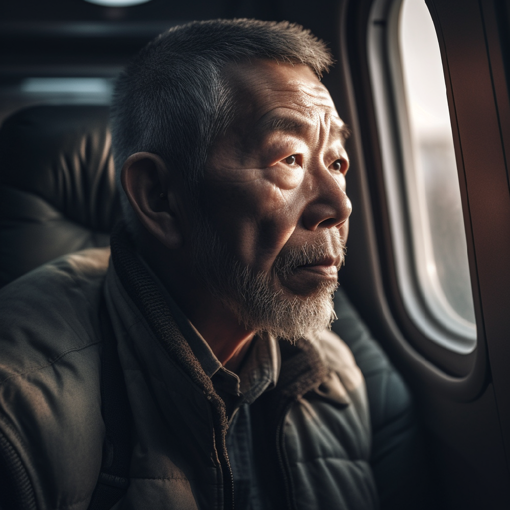 一位年迈的中国男子，深深地沉思着，坐在繁忙的飞机舱内望着窗外，身穿灰色羊毛拉链衫，此时正值日出时分。