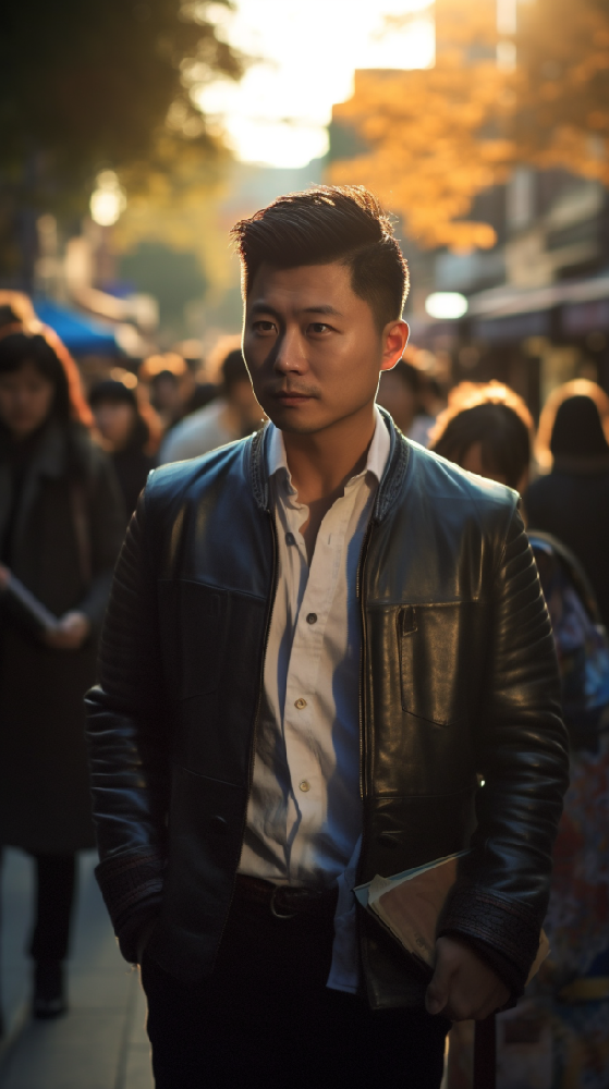 街头时尚照片，中国男子全身照，黑色头发，手拿皮革笔记本电脑包，在北京人行道上与人群一起行走，穿着皇家蓝色杜嘉班纳西装外套和白色衬衫，日落的光线下。