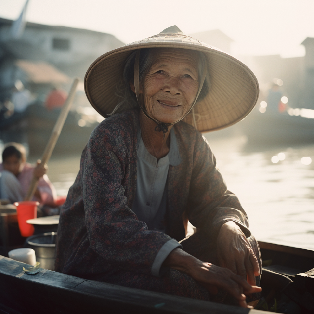 越南街头风格照片，一位老妇人在船上卖着越南河粉，自然的晨光下，使用Agfa Vista 200胶片。